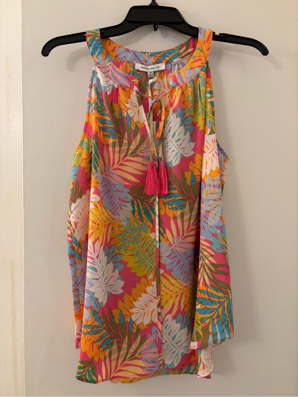 Rose & Olive Tropical Print Tassel Tie Halter Tank - Pink Multi